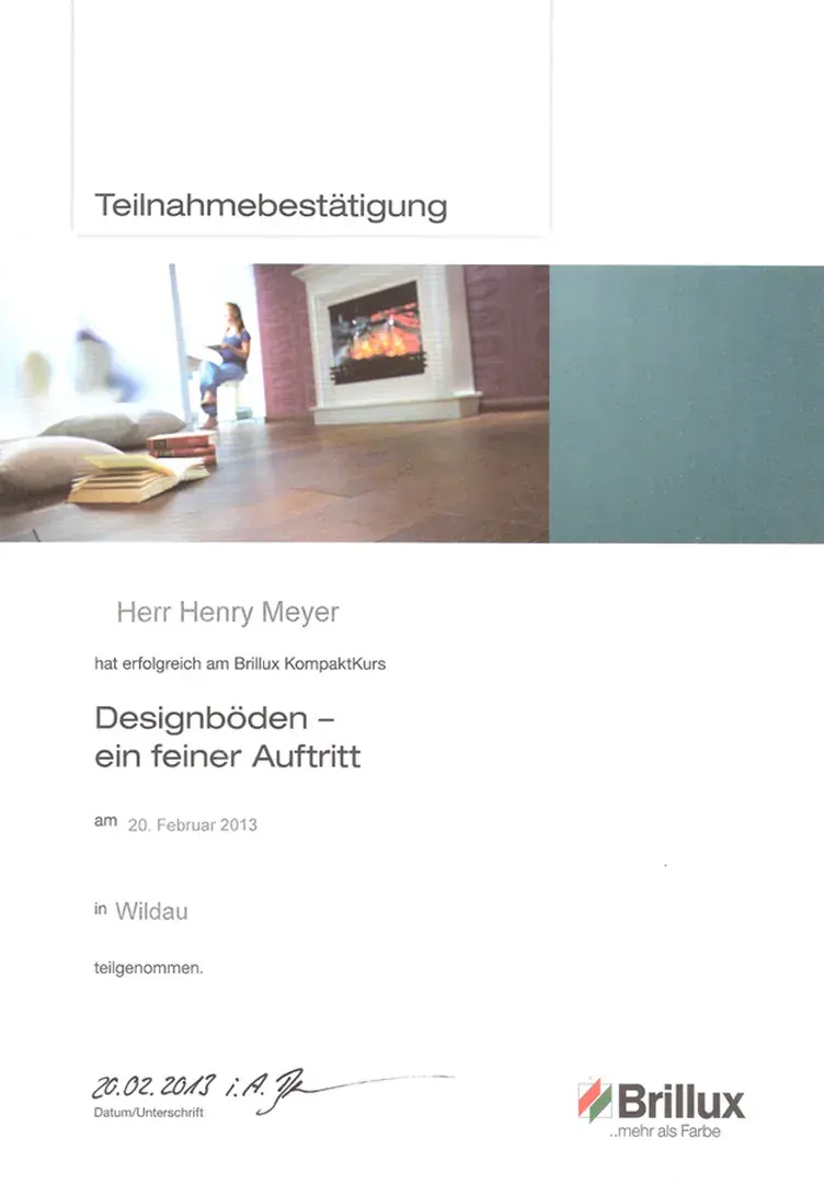 Zertifikat: Designböden – ein feiner Auftritt – Brillux KompaktKurs · Henry Meyer · 2013