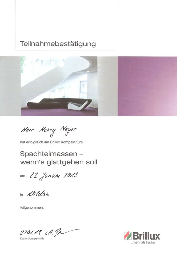 Zertifikat: Spachtelmassen – wenn's glattgehen soll – Brillux KompaktKurs · Henry Meyer · 2013