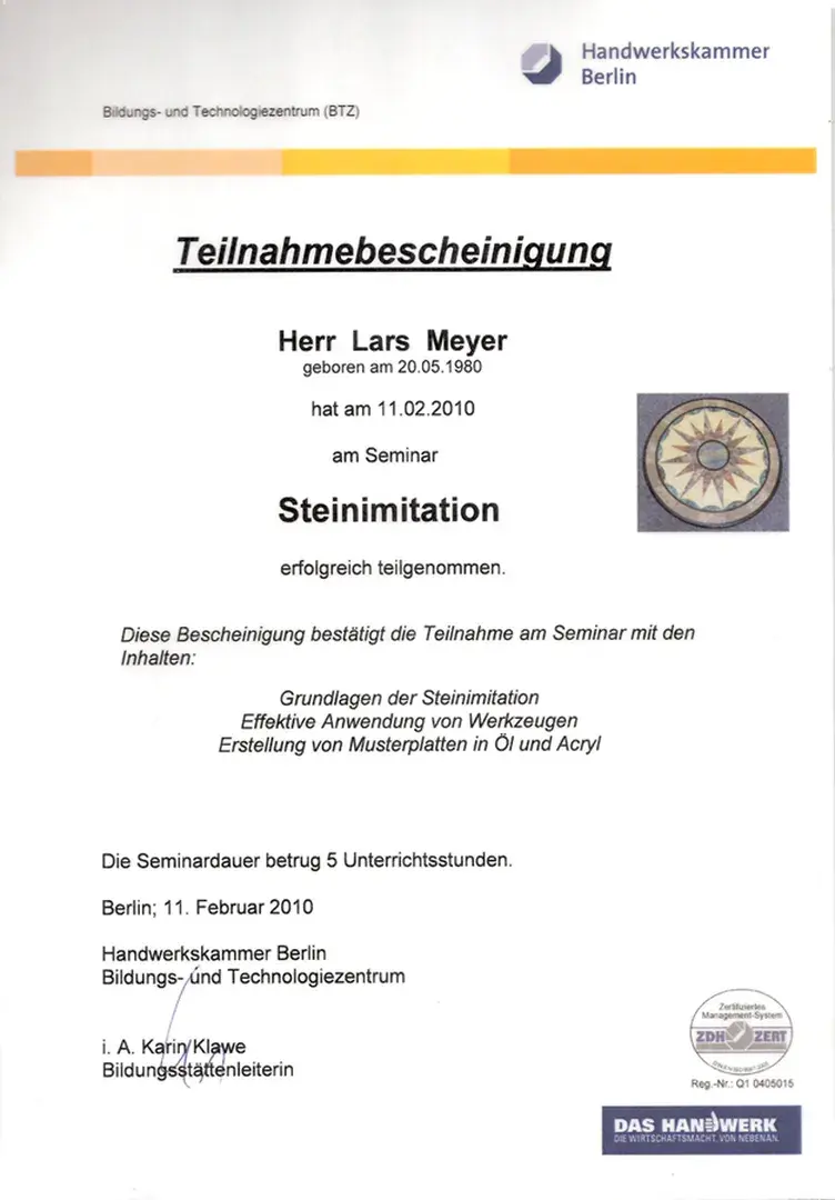 Zertifikat: Steinimitation – Handwerkskammer Berlin · Lars Meyer · 2010