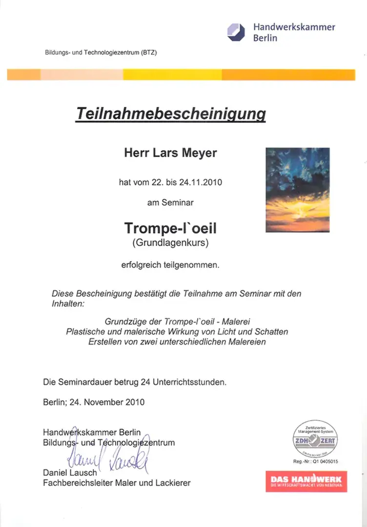 Zertifikat: Trompe-l'œil – Handwerkskammer Berlin · Lars Meyer · 2010