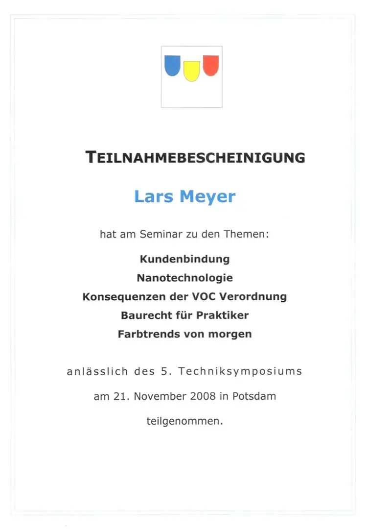 Zertifikat: 5. Techniksymposium – Farbtrends, VOC-Verordnung, Baurecht · Lars Meyer · 2008
