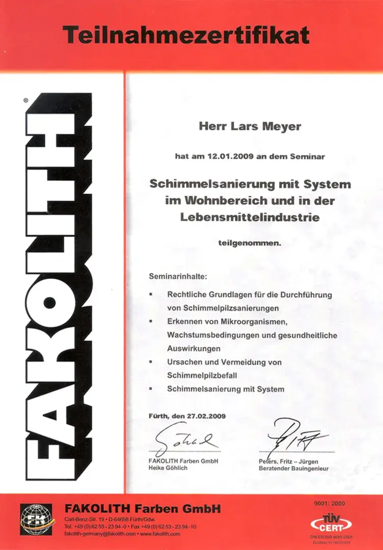 Zertifikat: Schimmelsanierung mit System – Fakolith Farben · Lars Meyer · 2009