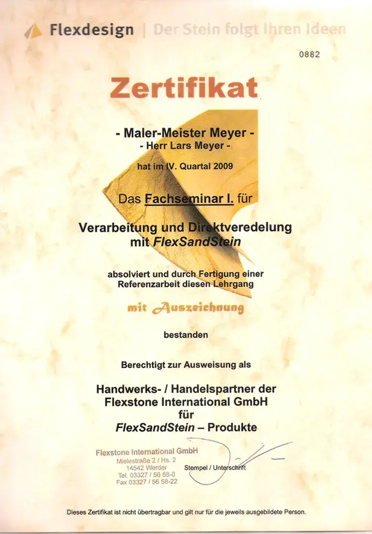 Zertifikat: FlexSandStein – Verarbeitung und Direktveredelung – Flexstone · Lars Meyer · 2009 · mit Auszeichnung