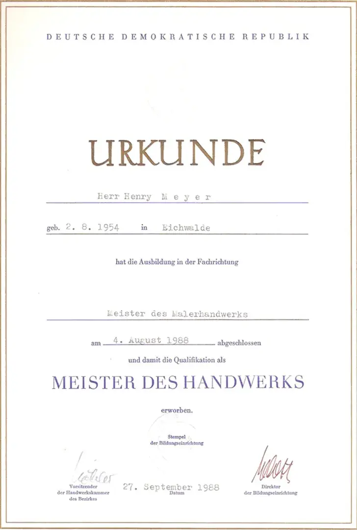 Meisterbrief von Henry Meyer im Maler- und Lackiererhandwerk
