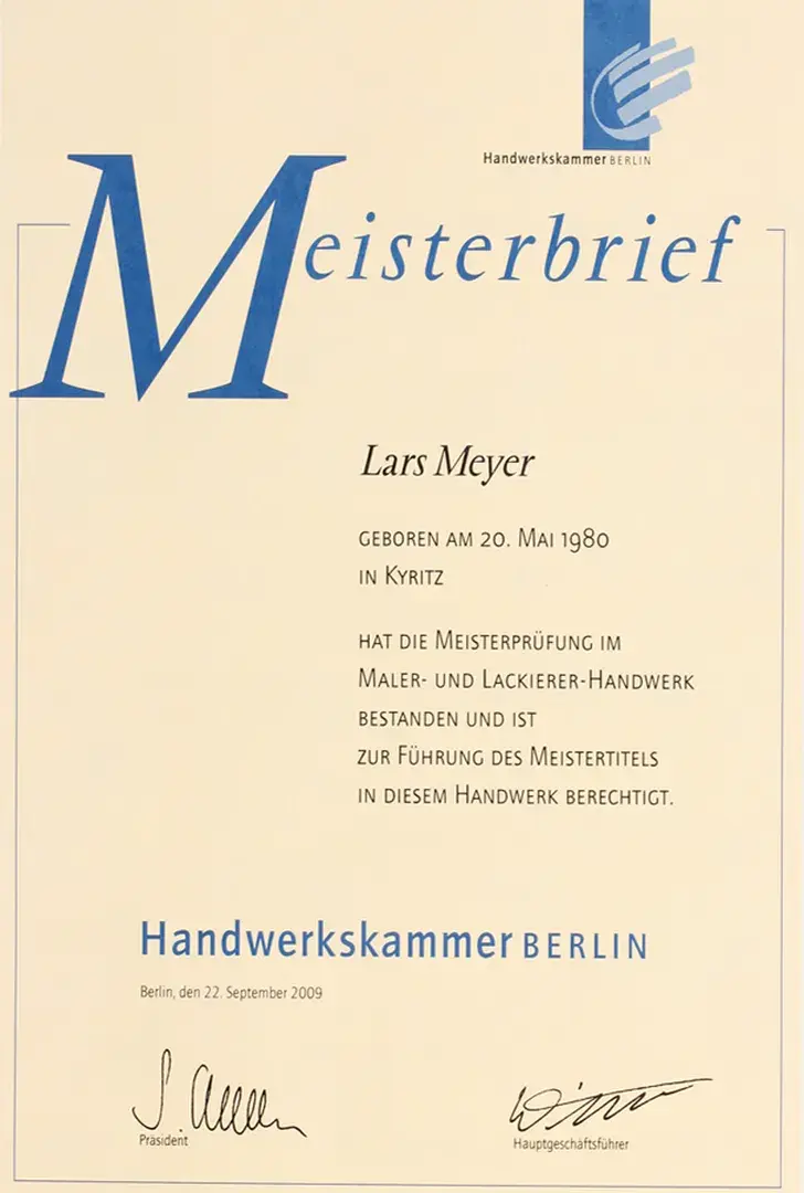 Meisterbrief von Lars Meyer, Handwerkskammer Berlin, 2009