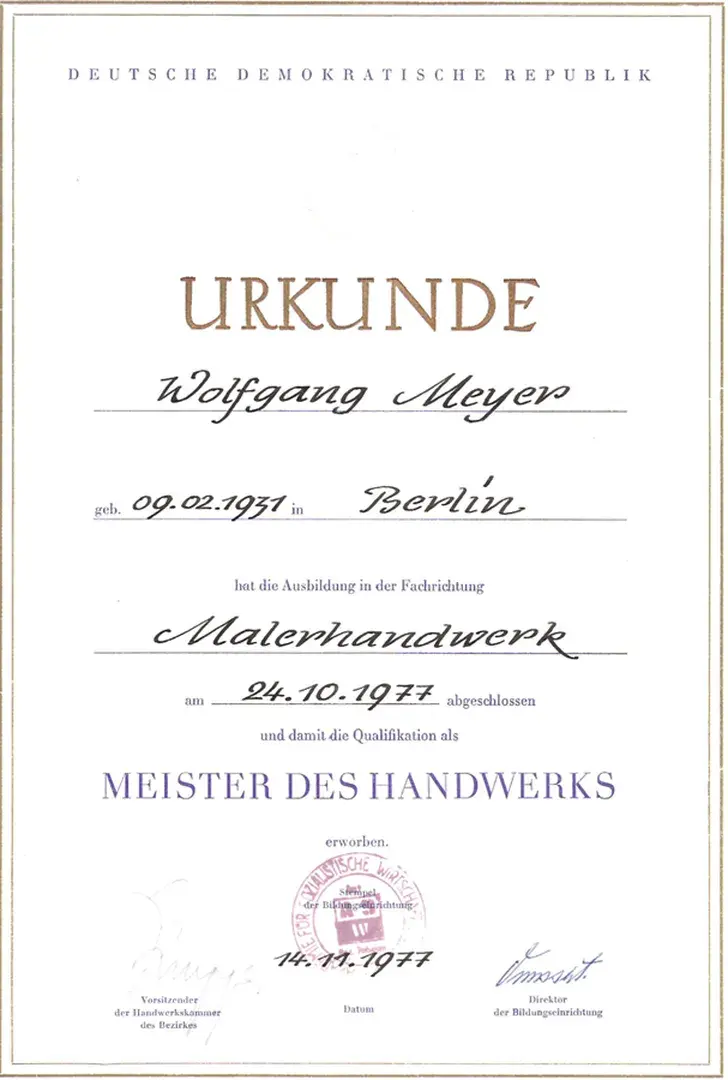 Meisterbrief von Wolfgang Meyer, Malerhandwerk, 1977